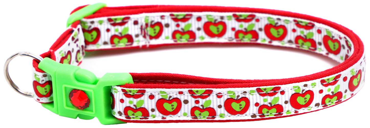 Colorful Red and Green Apples on White Breakaway Cat Collar-3
