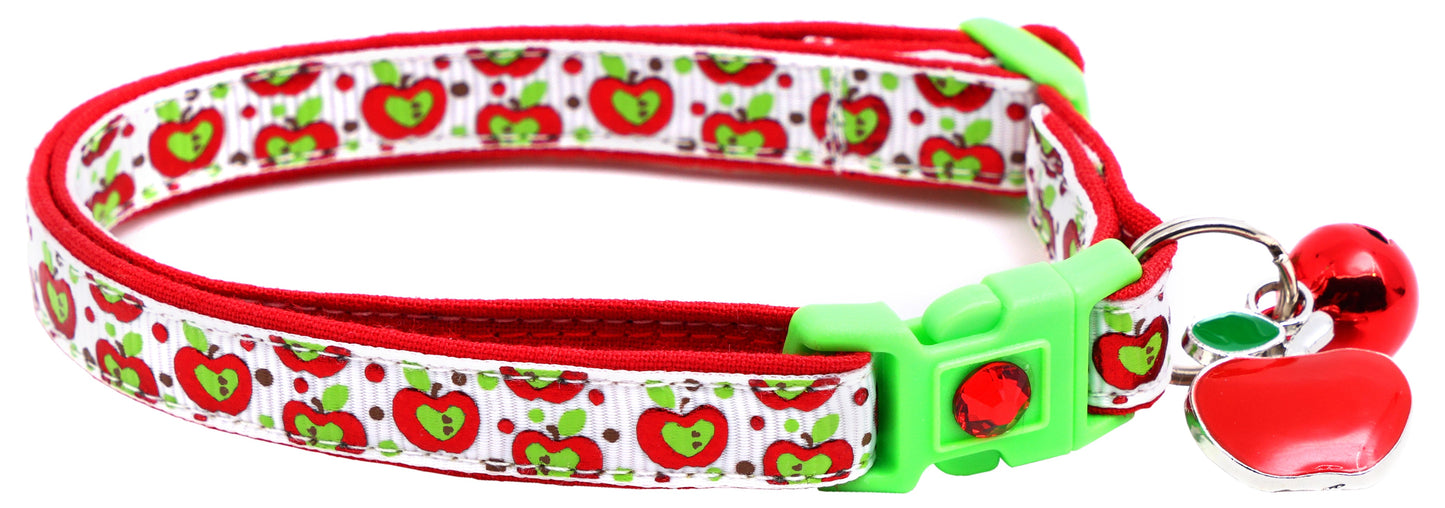 Colorful Red and Green Apples on White Breakaway Cat Collar-4
