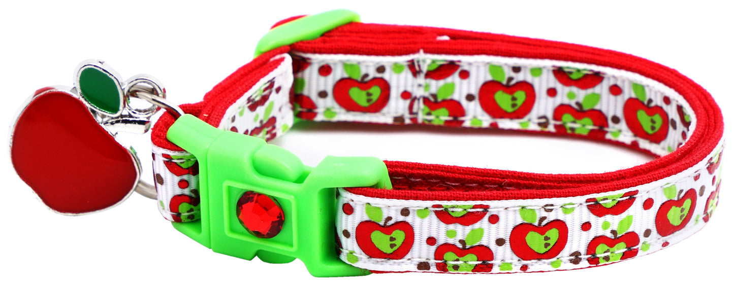 Colorful Red and Green Apples on White Breakaway Cat Collar-6