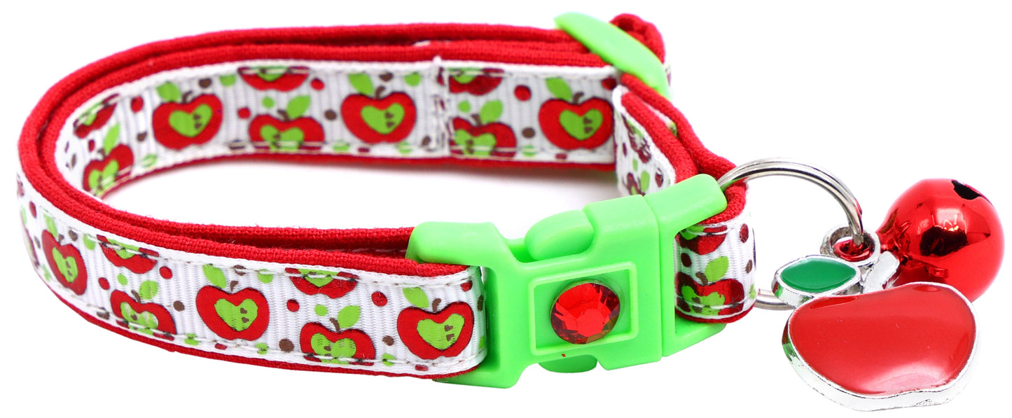 Colorful Red and Green Apples on White Breakaway Cat Collar-0