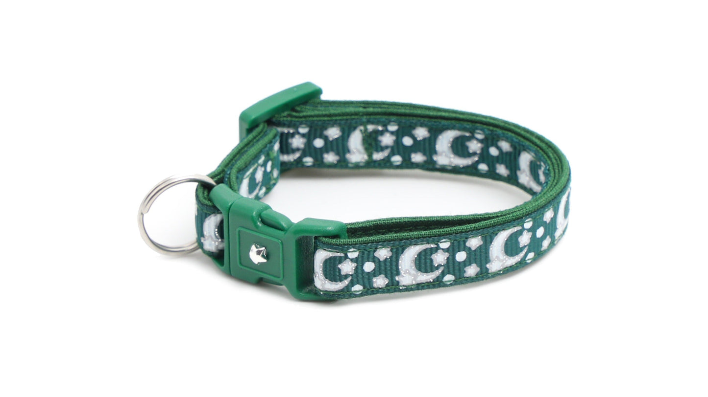 Silver Moons and Stars on Dark Green Cat Collar-8