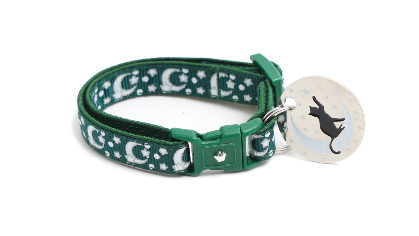 Silver Moons and Stars on Dark Green Cat Collar-1