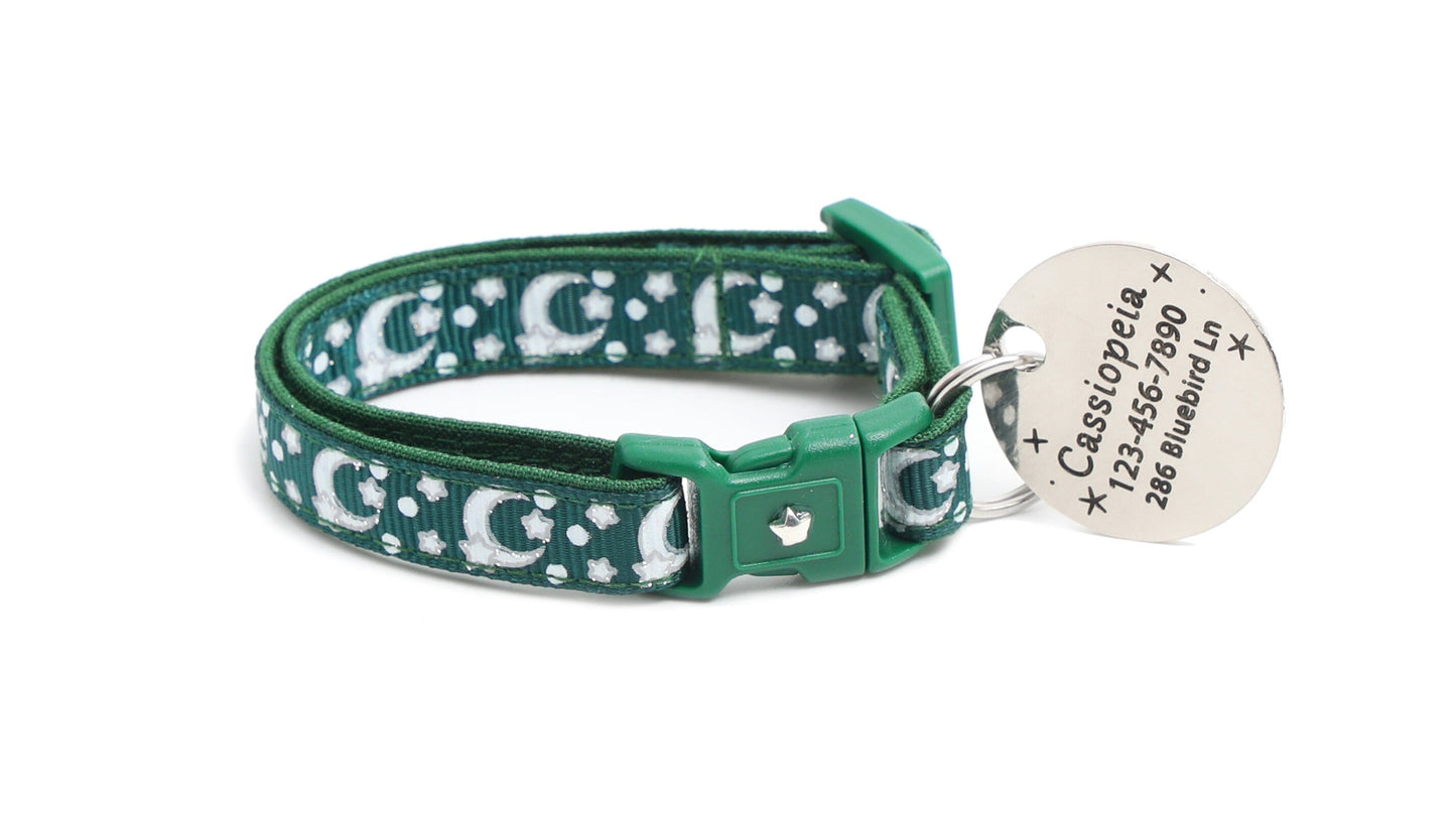 Silver Moons and Stars on Dark Green Cat Collar-6