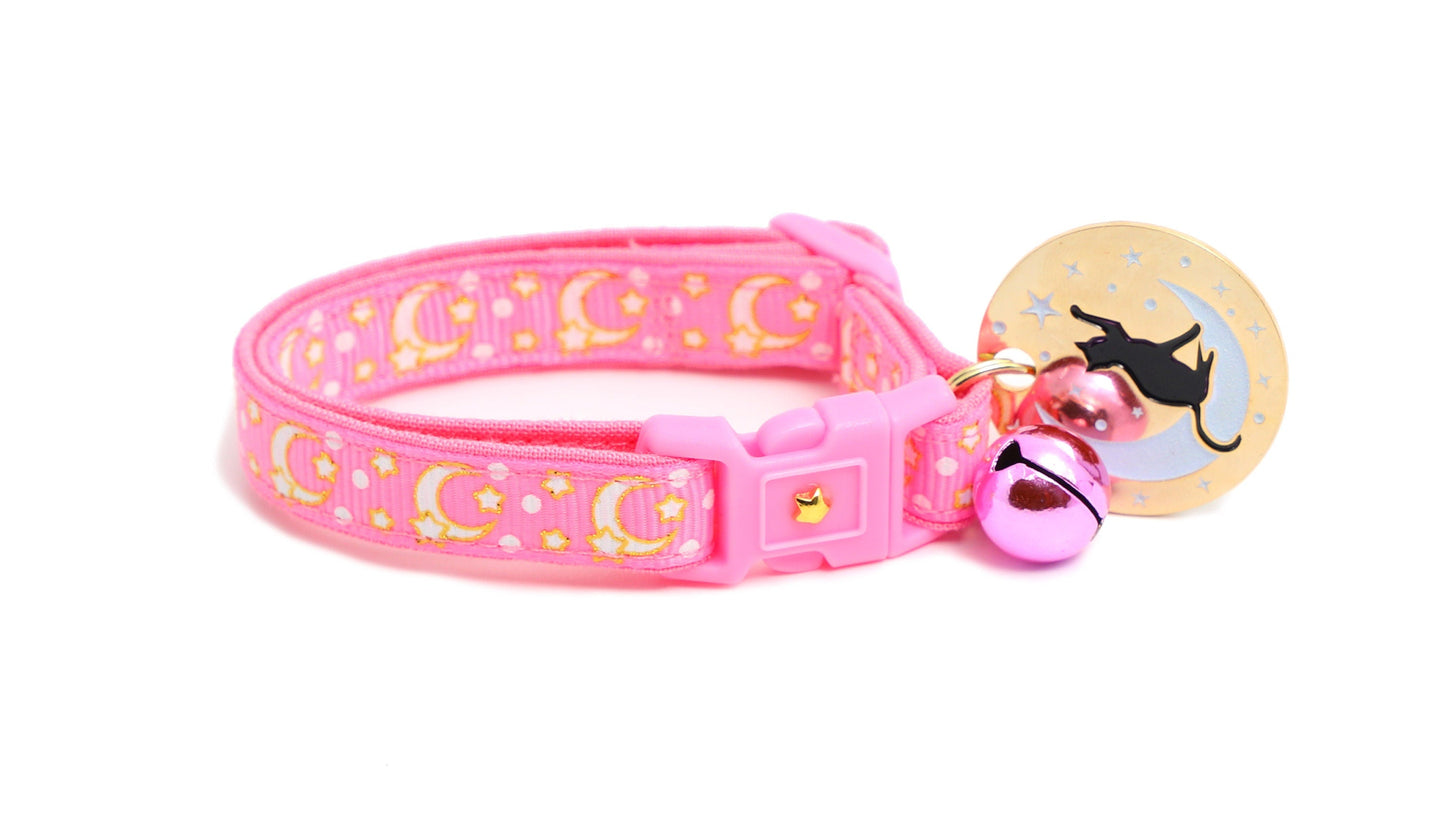 Gold Moons and Stars on Peony Pink Cat Collar-5