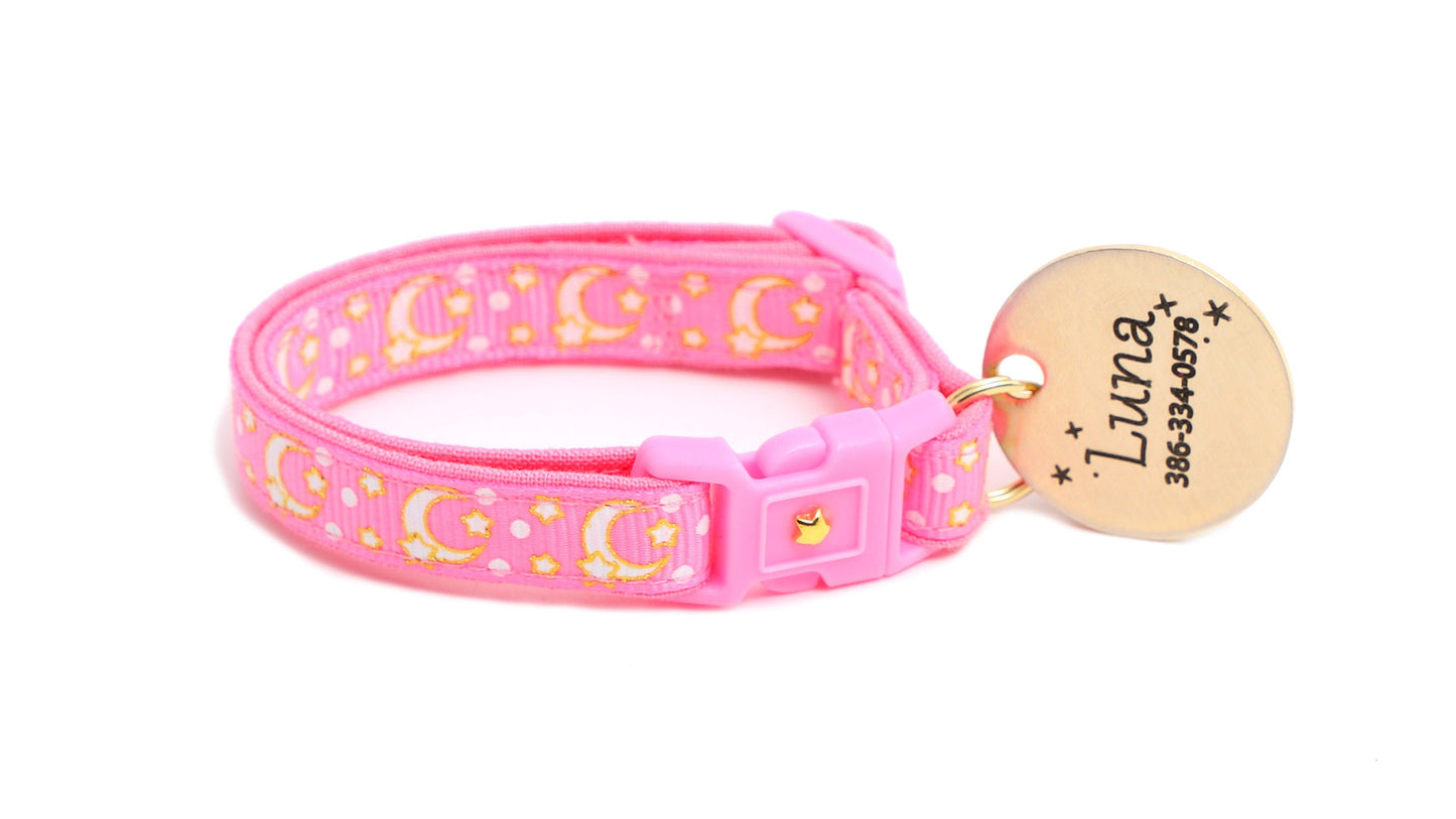 Gold Moons and Stars on Peony Pink Cat Collar-6