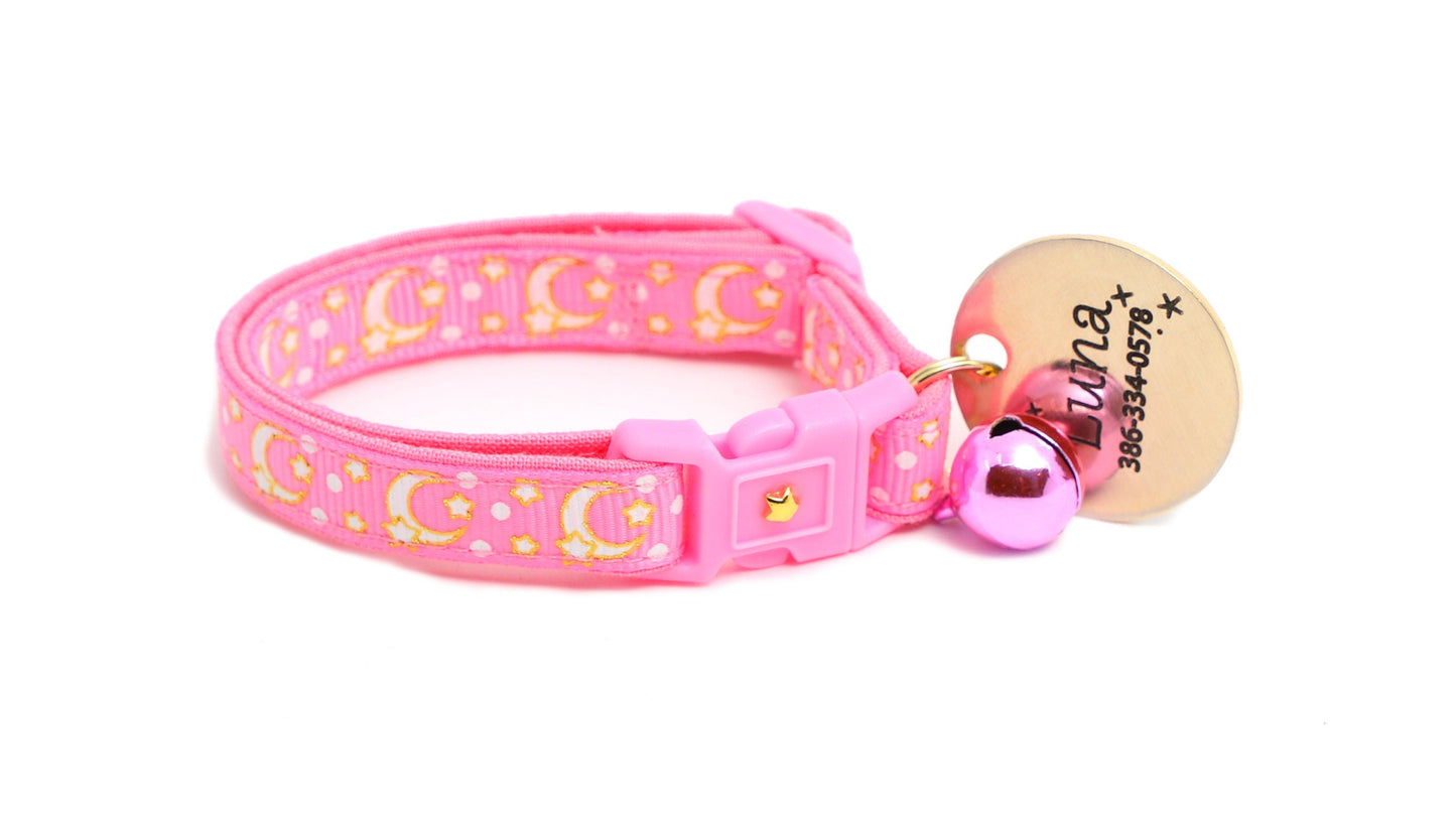 Gold Moons and Stars on Peony Pink Cat Collar-7