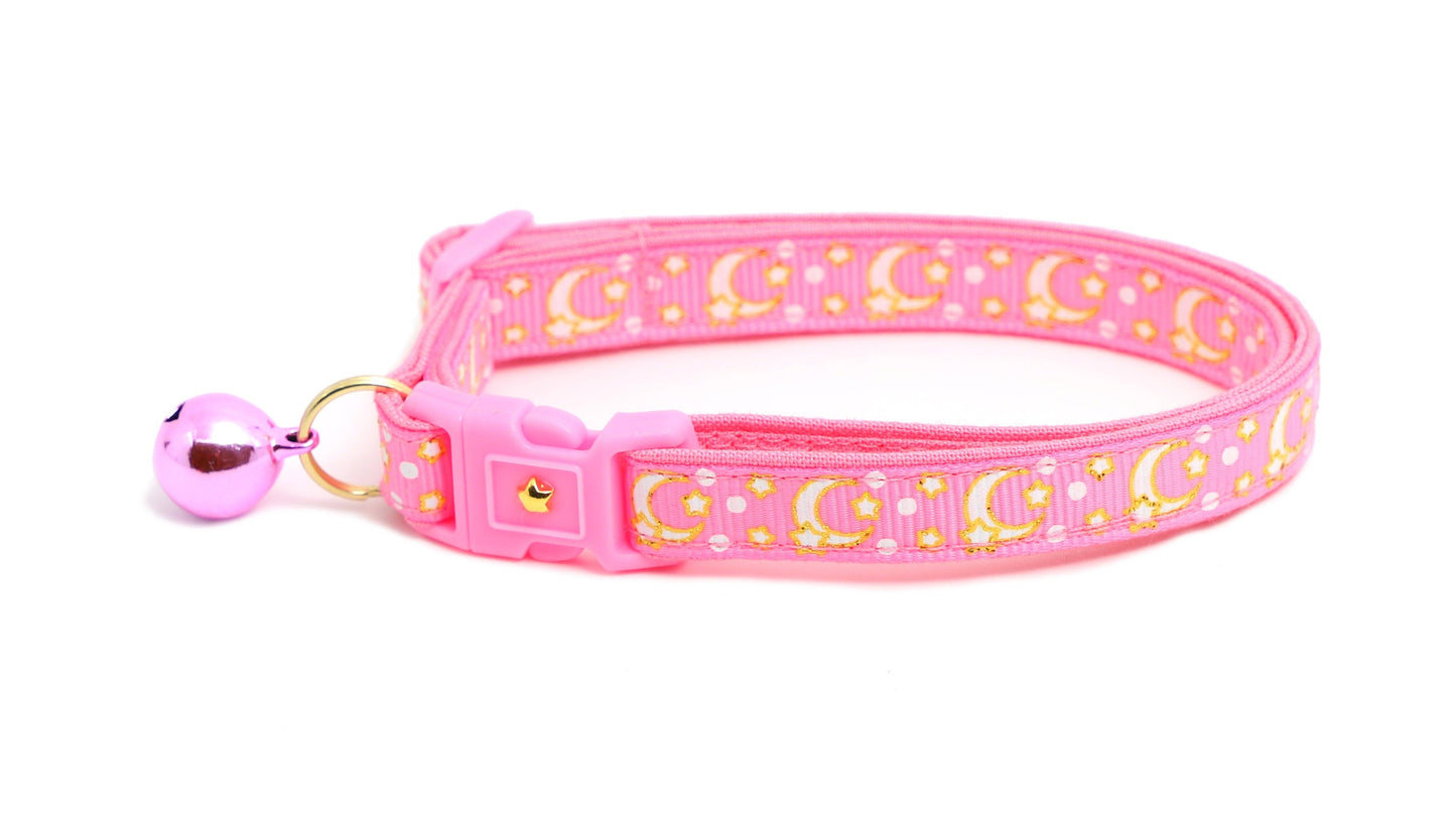 Gold Moons and Stars on Peony Pink Cat Collar-3