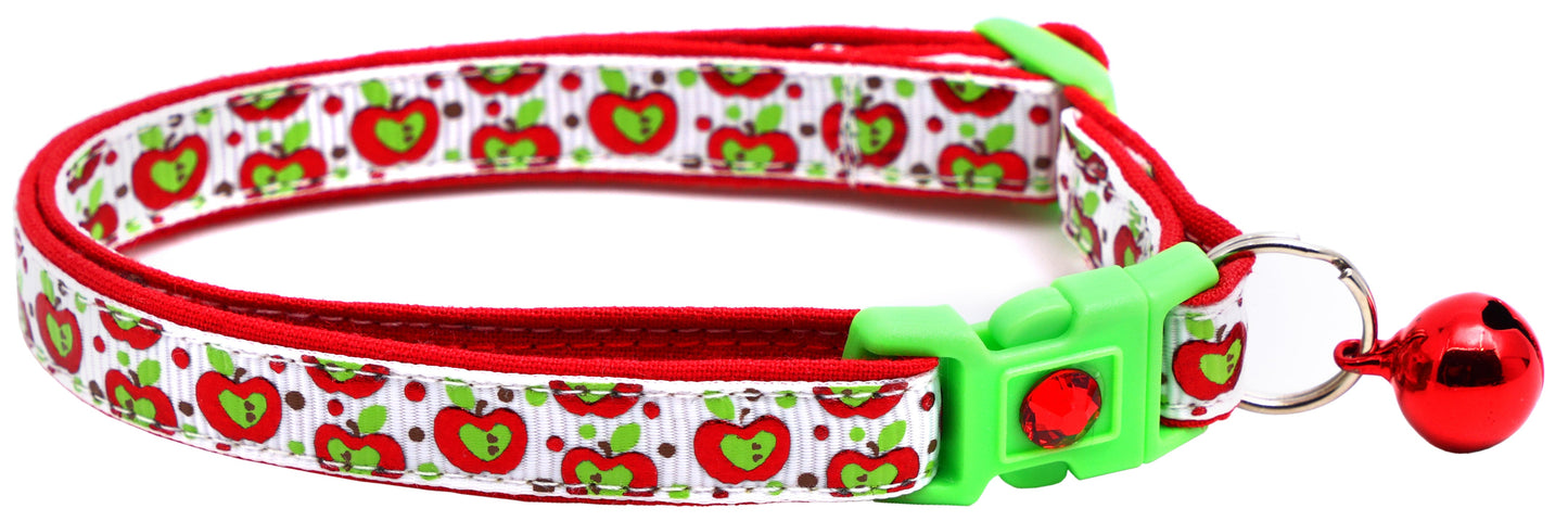 Colorful Red and Green Apples on White Breakaway Cat Collar-1