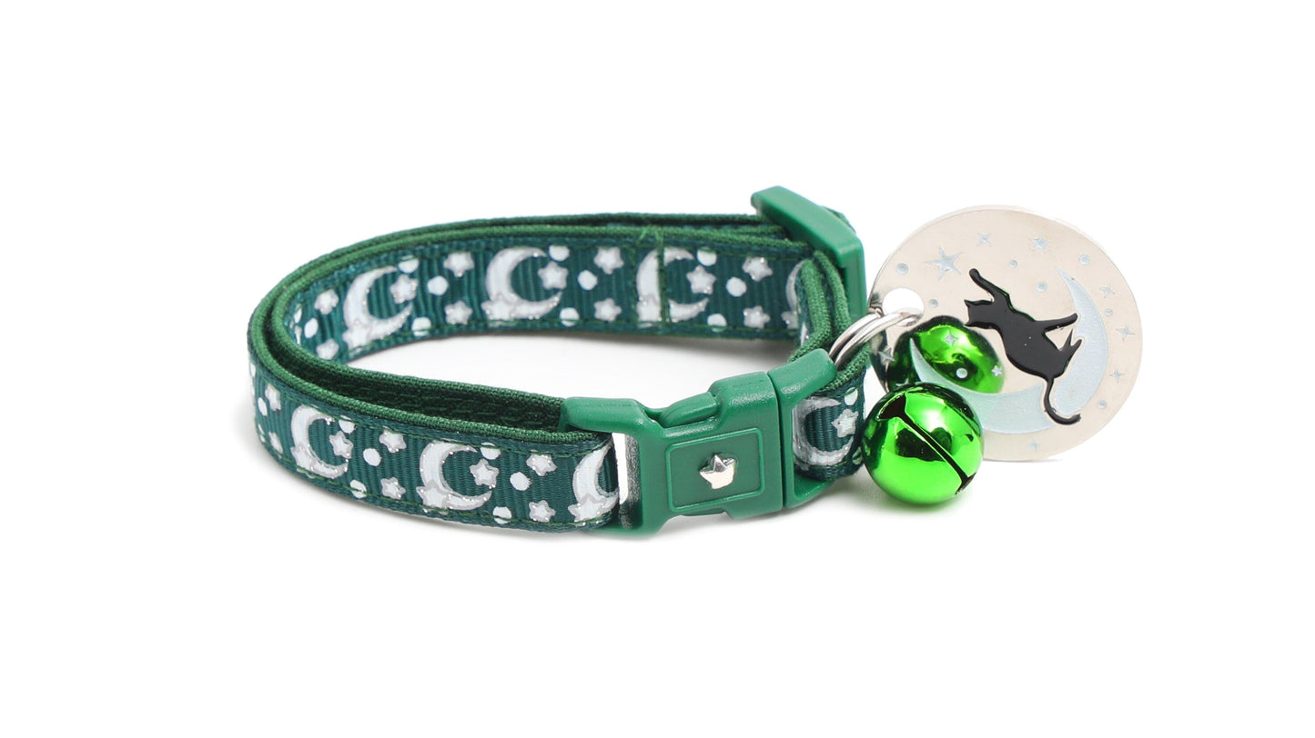 Silver Moons and Stars on Dark Green Cat Collar-5