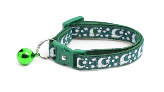 Silver Moons and Stars on Dark Green Cat Collar-0