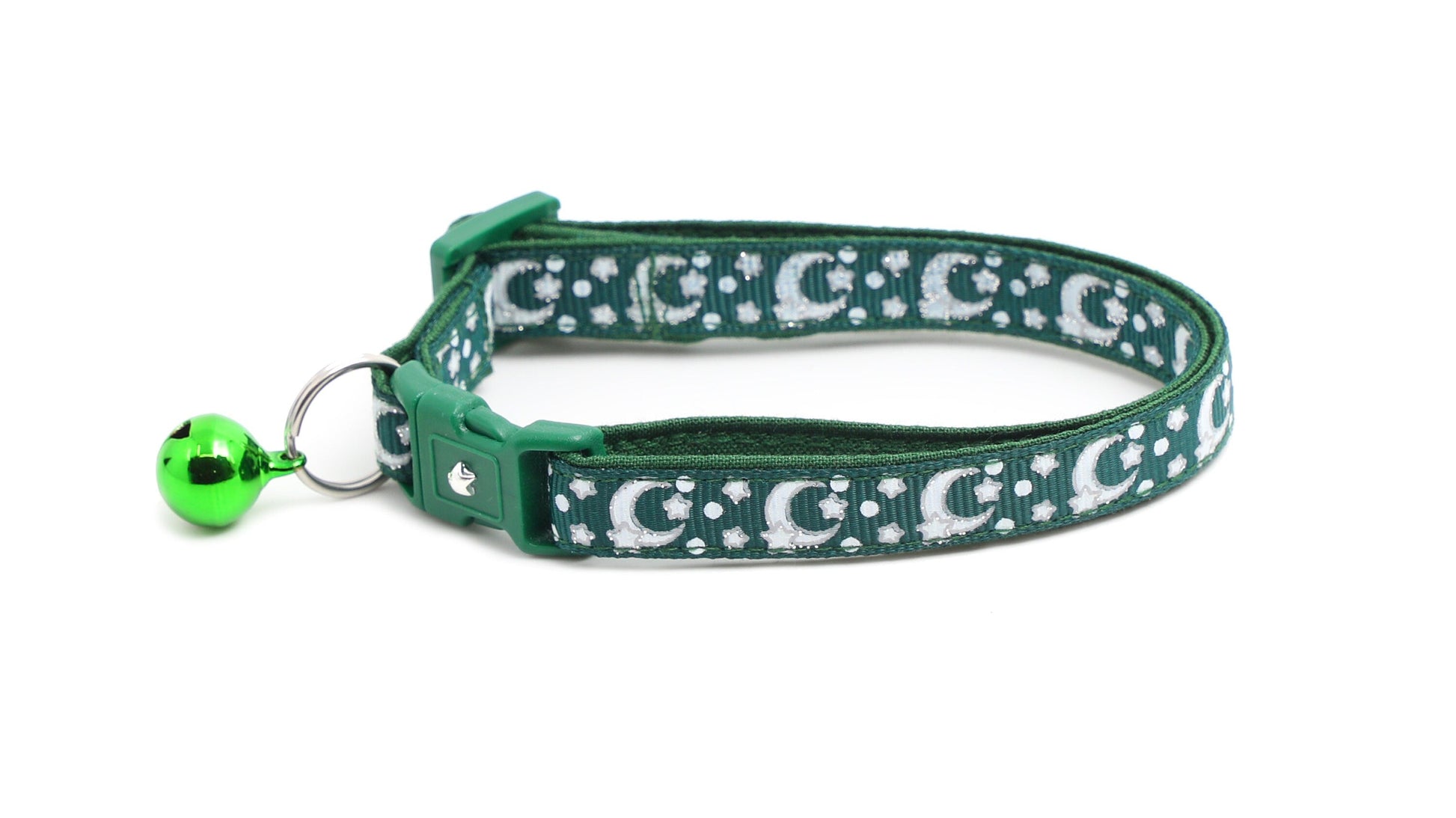 Silver Moons and Stars on Dark Green Cat Collar-3