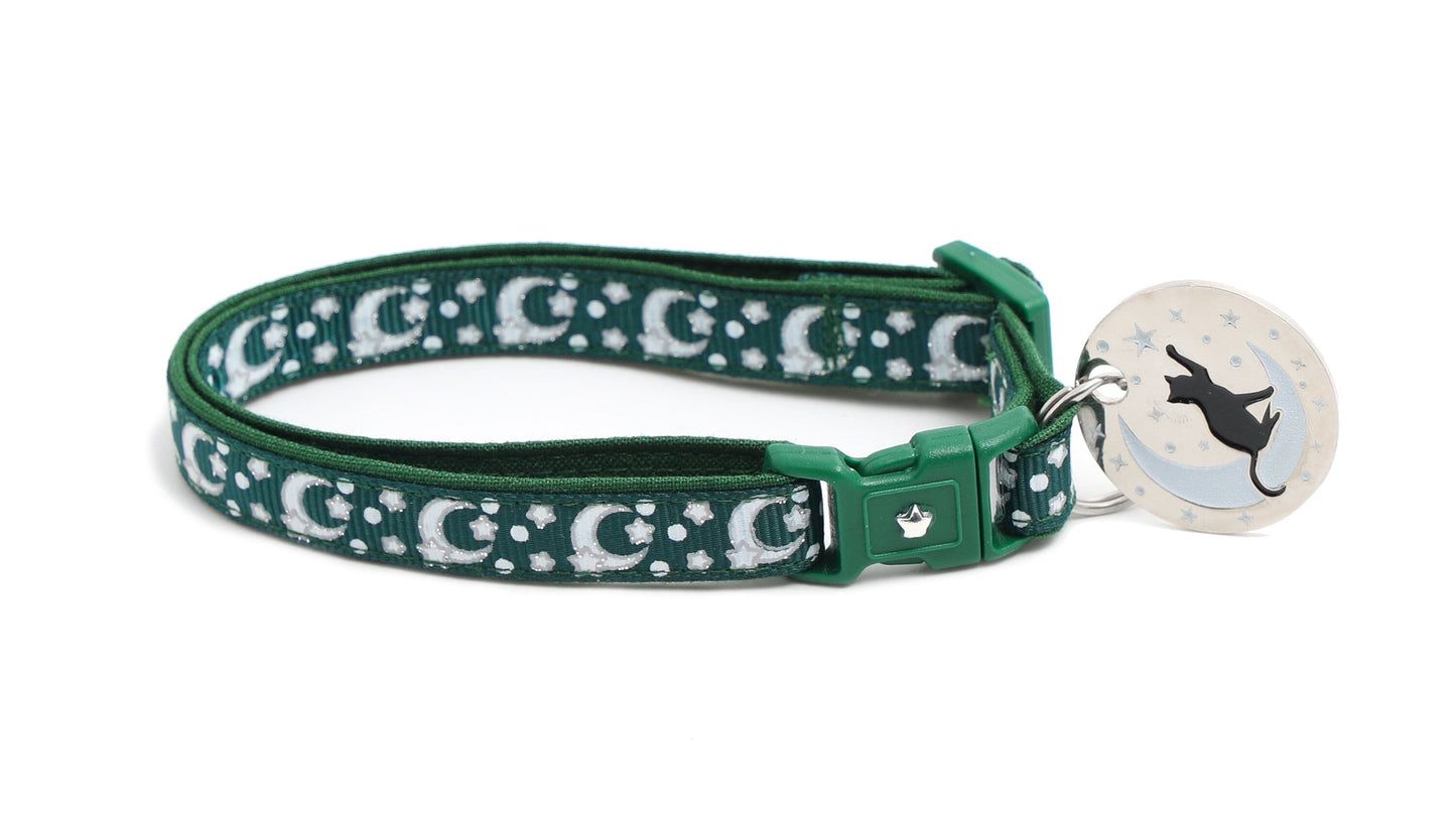 Silver Moons and Stars on Dark Green Cat Collar-4