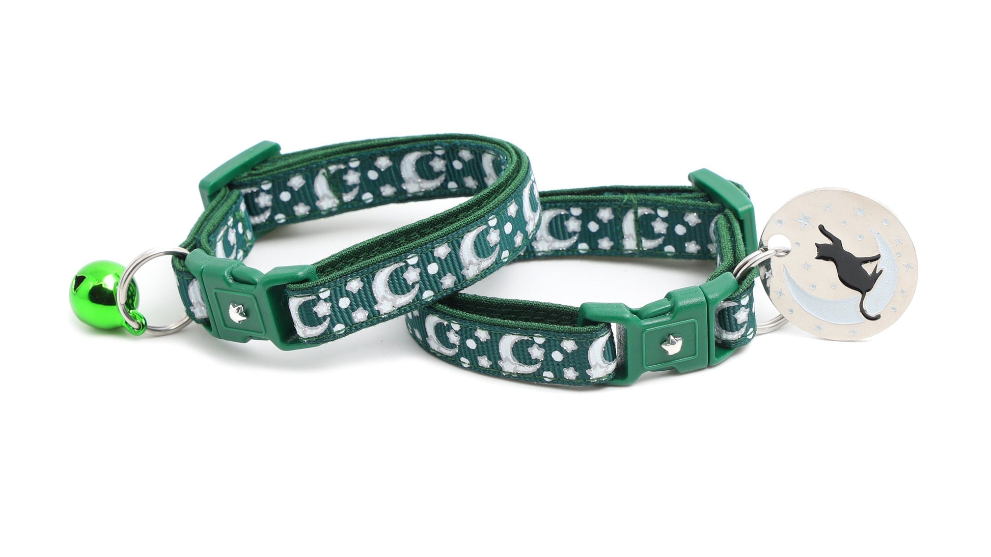 Silver Moons and Stars on Dark Green Cat Collar-2