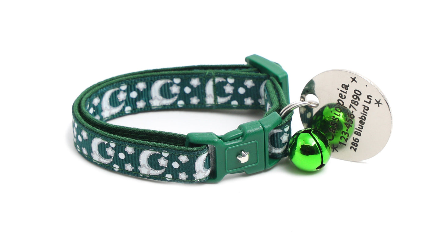 Silver Moons and Stars on Dark Green Cat Collar-7