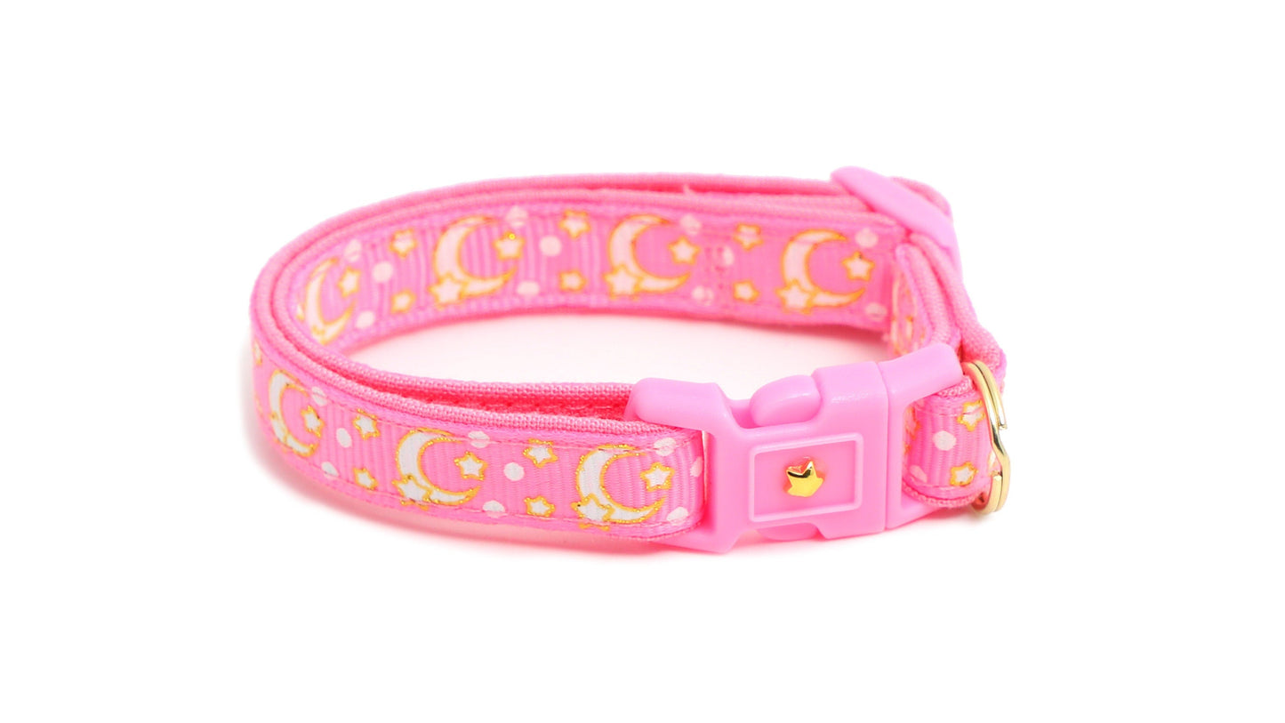 Gold Moons and Stars on Peony Pink  Cat Collar-8