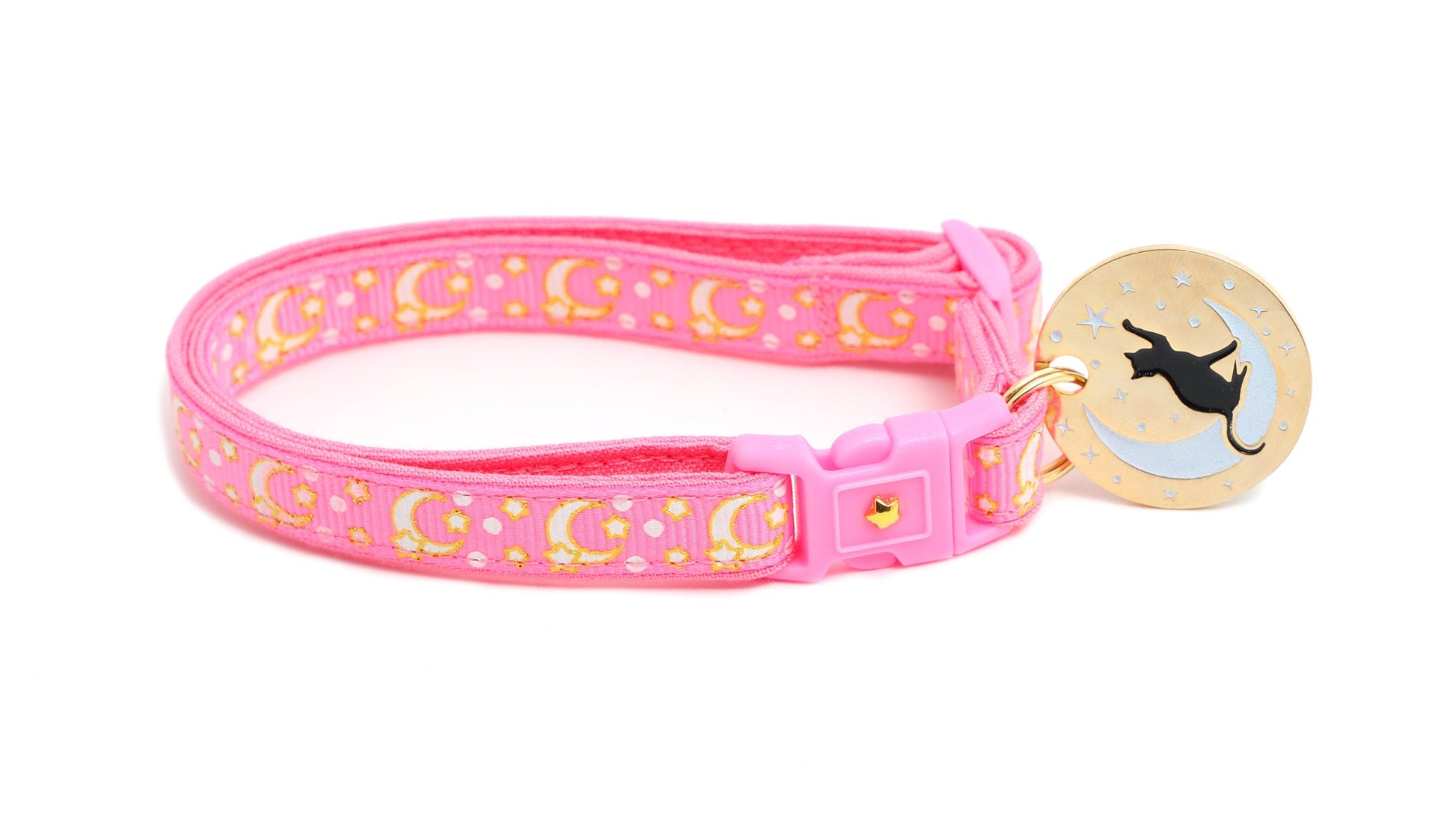 Gold Moons and Stars on Peony Pink  Cat Collar-4