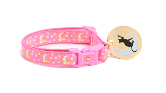 Gold Moons and Stars on Peony Pink  Cat Collar-1