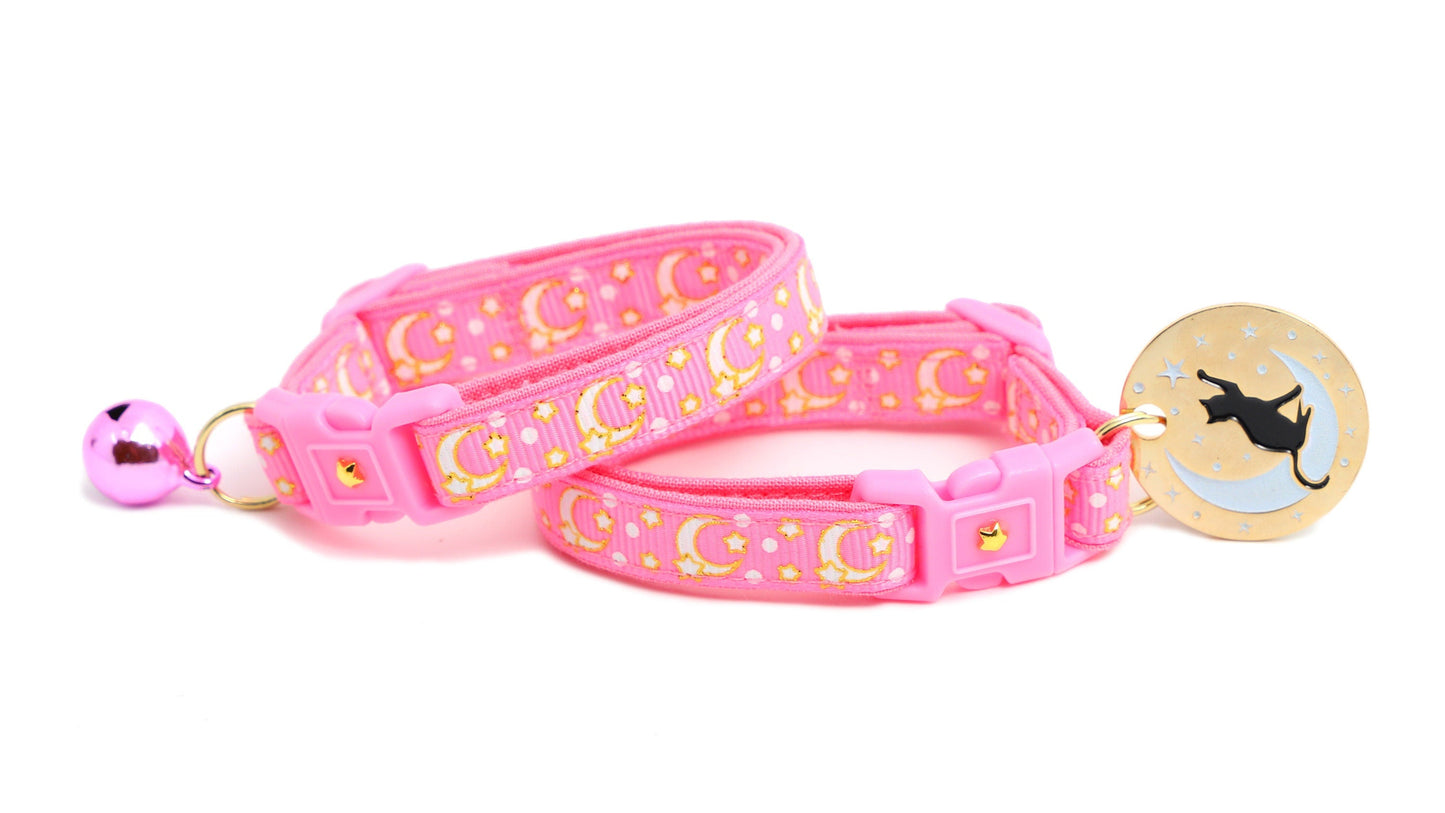 Gold Moons and Stars on Peony Pink  Cat Collar-2