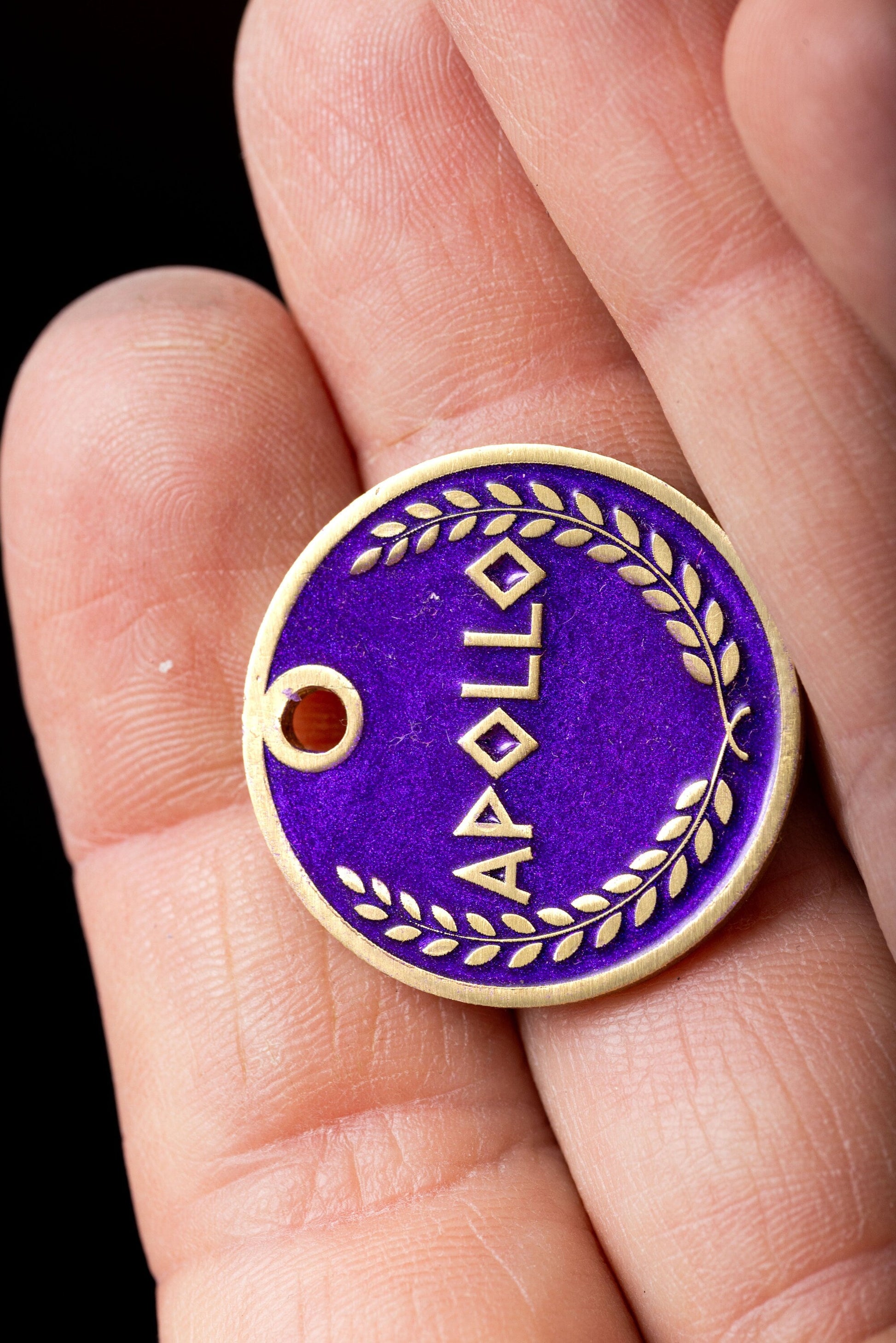 Engraved Greek Laurel Pet ID Tag - Cat or Dog Royal Purple and Gold Name Tag - Greek God Pet ID Tag-3