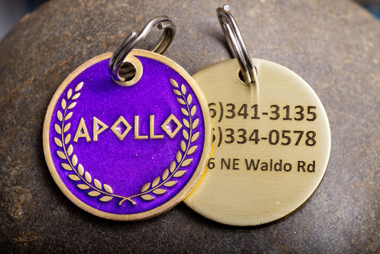 Engraved Greek Laurel Pet ID Tag - Cat or Dog Royal Purple and Gold Name Tag - Greek God Pet ID Tag-0